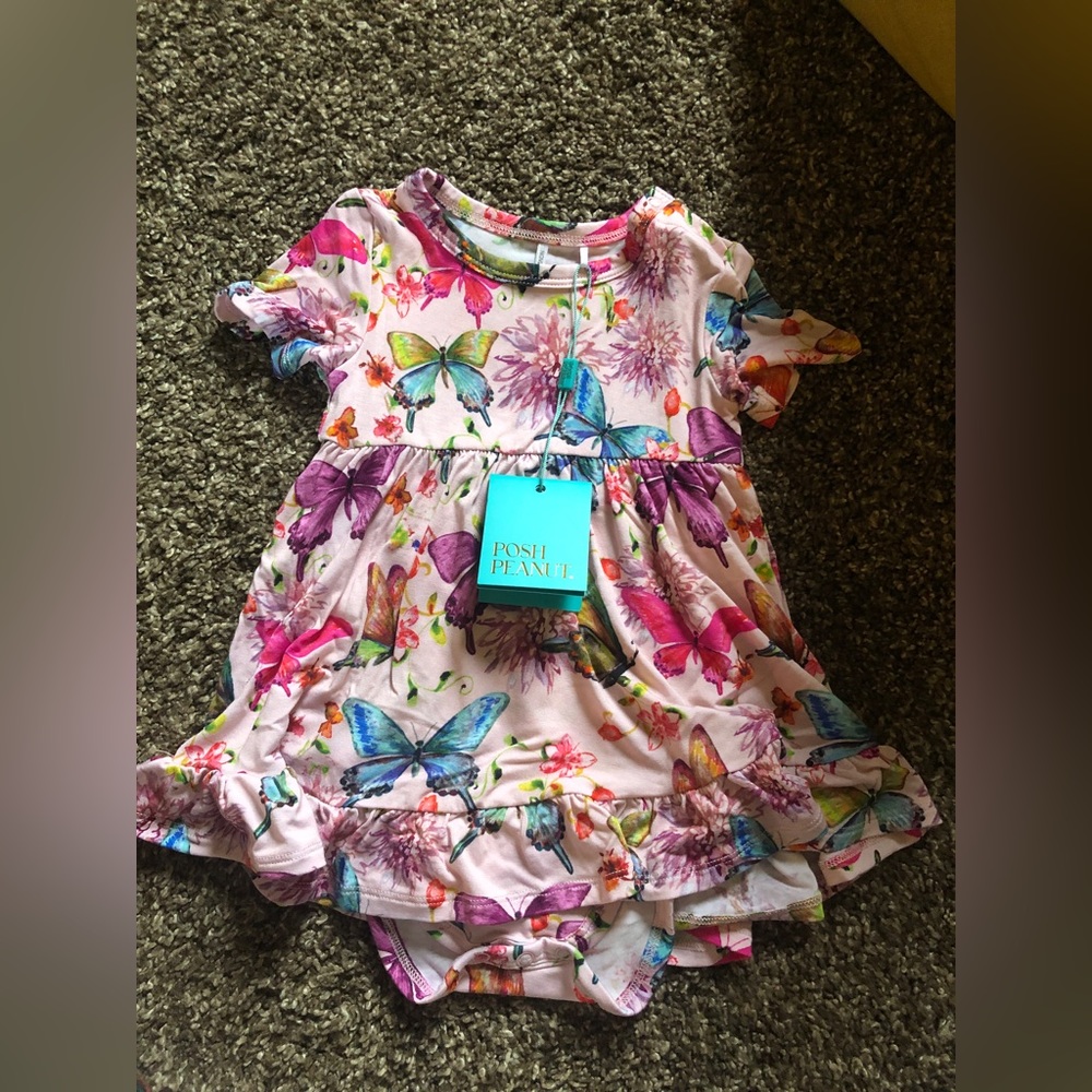 Posh Peanut Watercolor Butterfly Short Sleeve Ruffled Bodysuit Dress